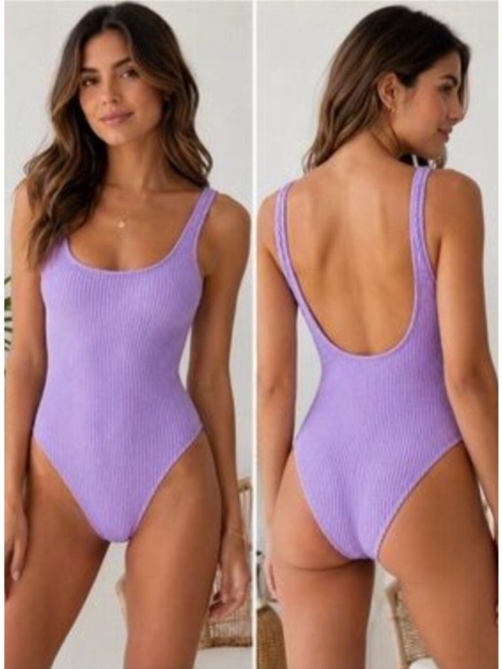 NEW Billabong Bayside One-Piece Purple Ribbed Crinkle Low-Back Cheeky Swimsuit